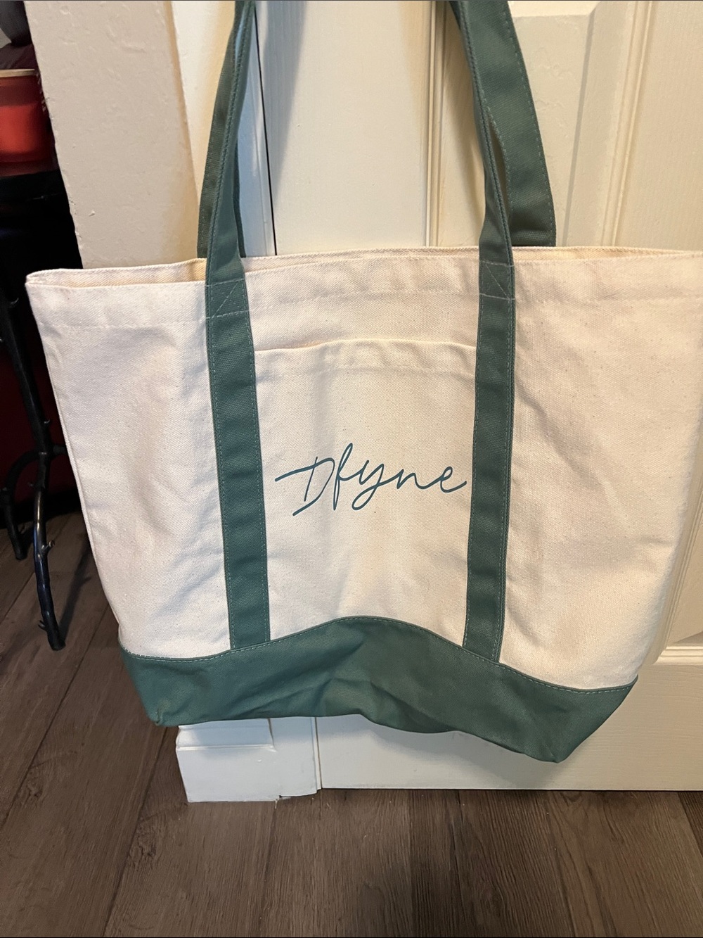 Dfyne Canvas Tote in Cream with Green Trim